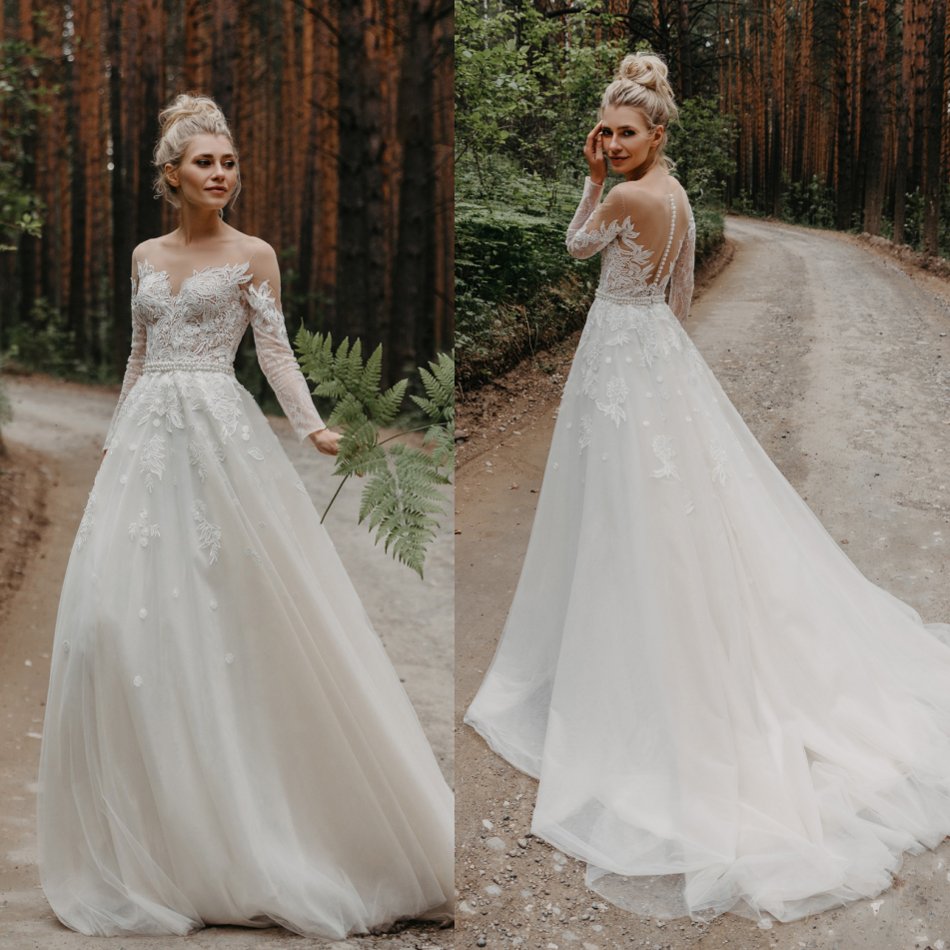 New Simple Wedding Dresses Jewel Neck A Line Appliqued Pearls Belt Long Sleeve Wedding Dress Sweep Train Cheap Vestidos De Novia