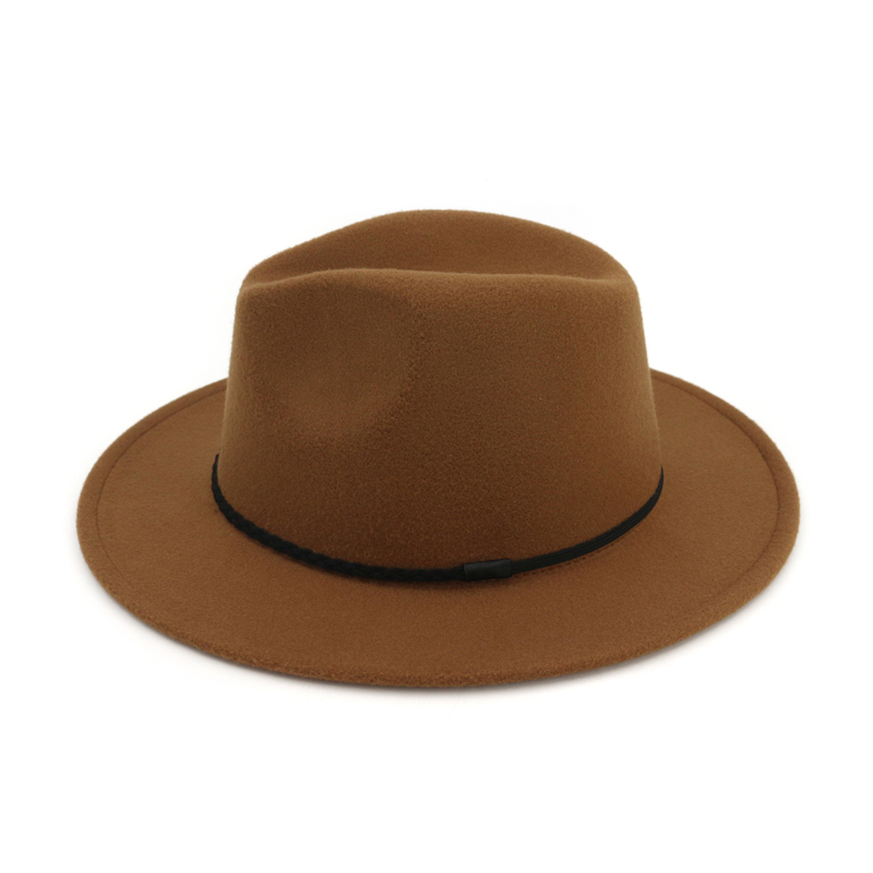 Fashion-Ladies Wool Felt Mens Fedora Trilby Hat Fashion Simply Braided Rope Decorated Panama Flat Brim Jazz Formal Hats