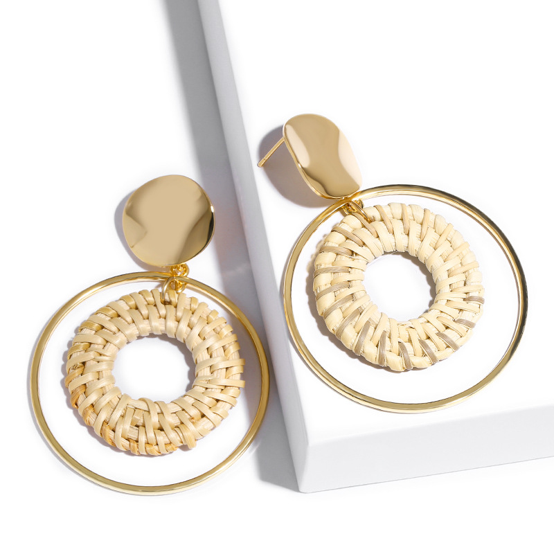 Rattan round earrings hot fashion bamboo rattan woven earrings ladies handmade round long pendant earrings ladies gifts