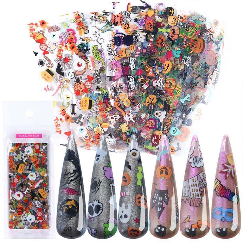 10pcs Fashion Halloween Self-adhesive Nail Sticker Design Water Transfer Decals Pumpkin Cat Witch Skull Nail Art Foil Cool Polish Decal DHL