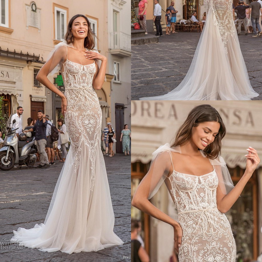 2020 Berta Mermaid Wedding Dresses Spaghetti Appliqued Champagne Lace Bridal Gown Backless Bow Ruffle Sweep Train Beach Vestidos De Novia