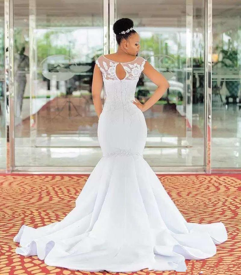 Plus Size Mermaid Wedding Dresses Cap Sleeve Lace Sheer Neck Bridal Gowns Appliques Sweep Train South African Cheap Wedding Gown