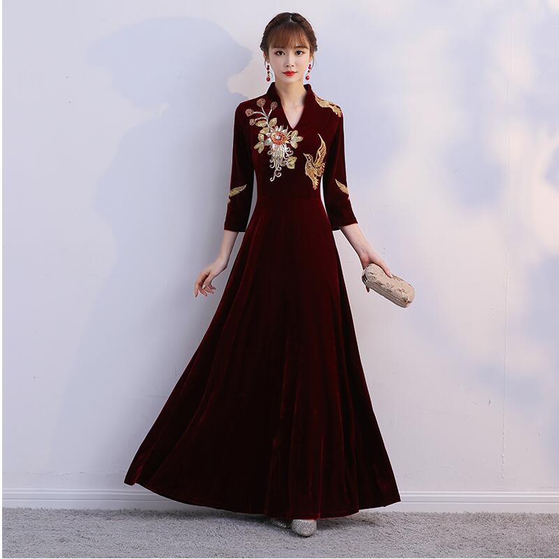 Improve Embroidery Cheongsams Chinese Style gown Spring Red Qipao Party dress Vintage Elegant Long Robe Oriental Vestido