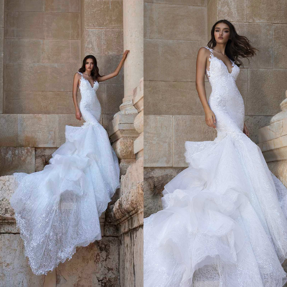 Gorgeous New Mermaid Wedding Dresses 2020 Lace V Neck Wedding Gowns Tiered Skirts robes de mariée Plus Size Bride Dress