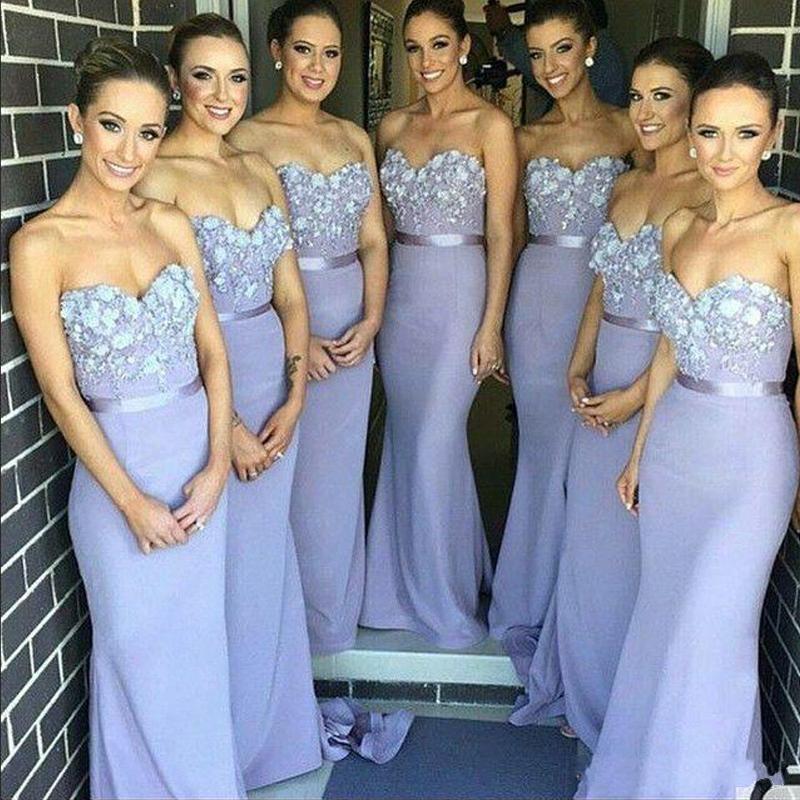2019 New Elegant Lilac Long Mermaid Bridesmaid Dress Sweetheart Appliques Beaded Maid of Honor Dress Off Shoulder Bridal Gowns