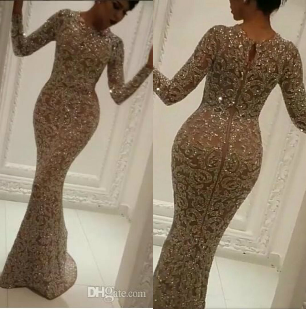 Yousef Aljasmi Prom Dresses Jewel Neck Long Sleeve Beading Mermaid Evening Gowns Dubai Arabic Luxury Party Runway Dress Plus Size