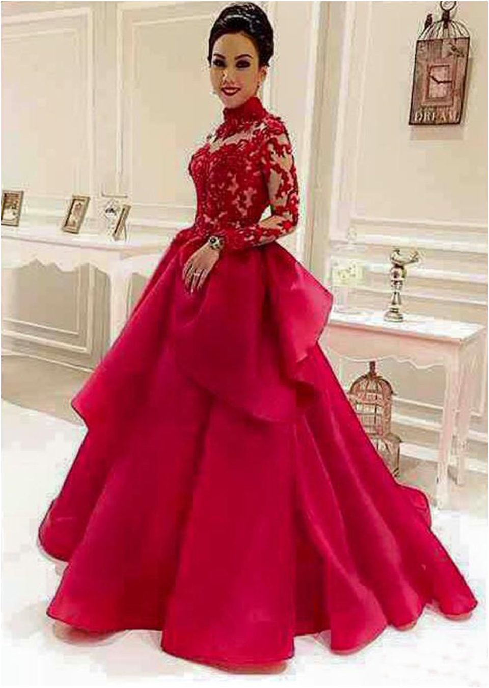 Red Applique Lace High Neck Long Sleeves Arabic Formal Prom Evening Party Dresses Robe de Mariage