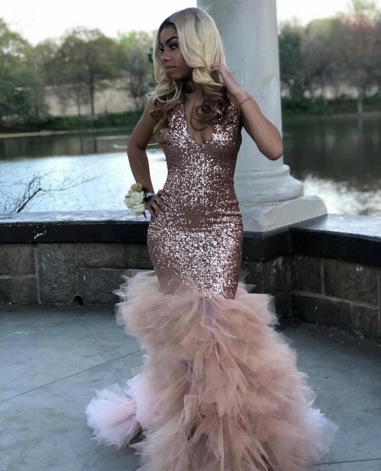 Rose Gold Evening Dresses Sparkling Sequins Lace Tulle Mermaid V-Neck Prom Dress Vestido De Festa Women Formal Party Gowns