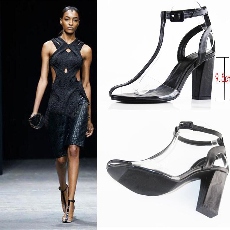 Hot Sale-PVC Sandals Women T-strap Block High Heels Gladiator Ankle Strap Sandles Runway Show Shoes Women Summer