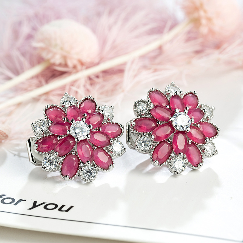 LuckyShine Trendy Women Ear clip colorful Cubic Zirconia Cz Flower 4 Color 925 sterling Silver plated Earrings 3 Pair/Lot Free Shipping