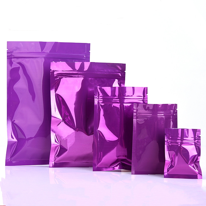 Purple Mylar Bags Zipper Seal Packaging Foil Heat Sealing Bag Glossy Flat Bottom Pack Pouches for Candy and Chocolate Multi-sizes Purple Dry Food