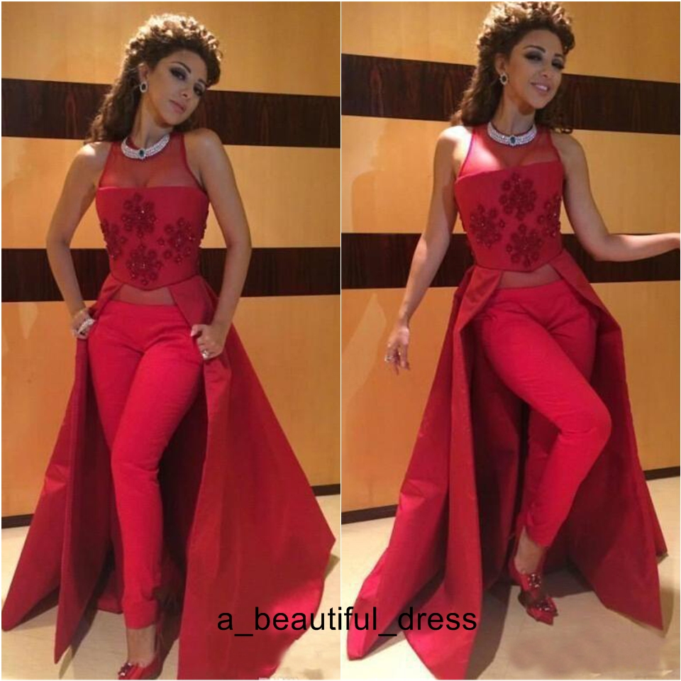 Kaftan Dubai Muslim Red Evening Dresses Arabic Myriam Fares Women Suit Pants Satin Formal Gowns Bridal Party Wear ED1194