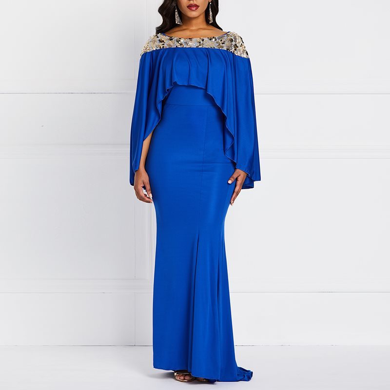 Spring Evening Party Date Mermaid Bodycon Maxi Dress Robe African Women Royal Blue Sequin Cape Ruffle Extra Long Dresses C19041501