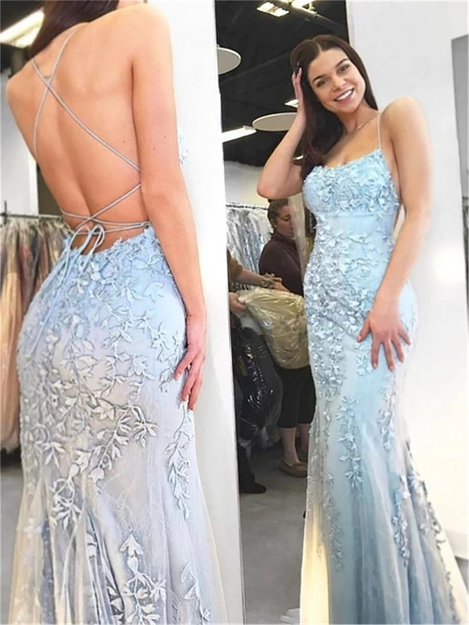 Sexy Backless Lace Mermaid Prom Dresses Long Spaghetti Straps Long Party Dresses Vestido De Festa Longo