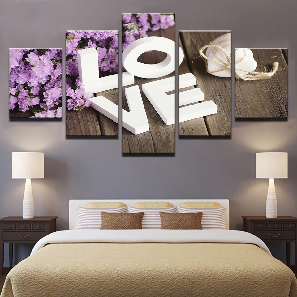Modular Pictures Living Room Wall Art 5 Piece Purple Hyacinth Flower Paintings Home Decor Canvas HD Prints LOVE Poster No Frame