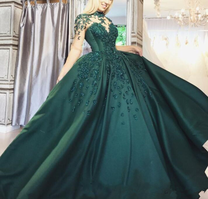 Hunter Green Ball Gown Prom Dresses High Neck Lace Appliques Beads Long Sleeve Dubai Puffy Evening Gowns Saudi Arabic Party Dress