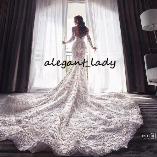 Plus Size Mermaid Wedding Dresses with Long Sleeve 2020 Off Shoulder Lace Applique Cathedral Detachable Train Wedding Gown Steven Khalil