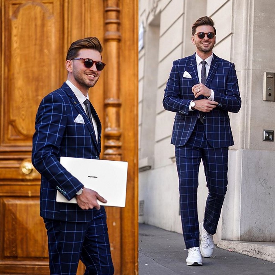 New Blue Check Plaid Mens Groom Wedding Suits Groom Double Breasted Peaked Lapel Formal Work Prom Office Blazer Jacket(Jacket+Pants)
