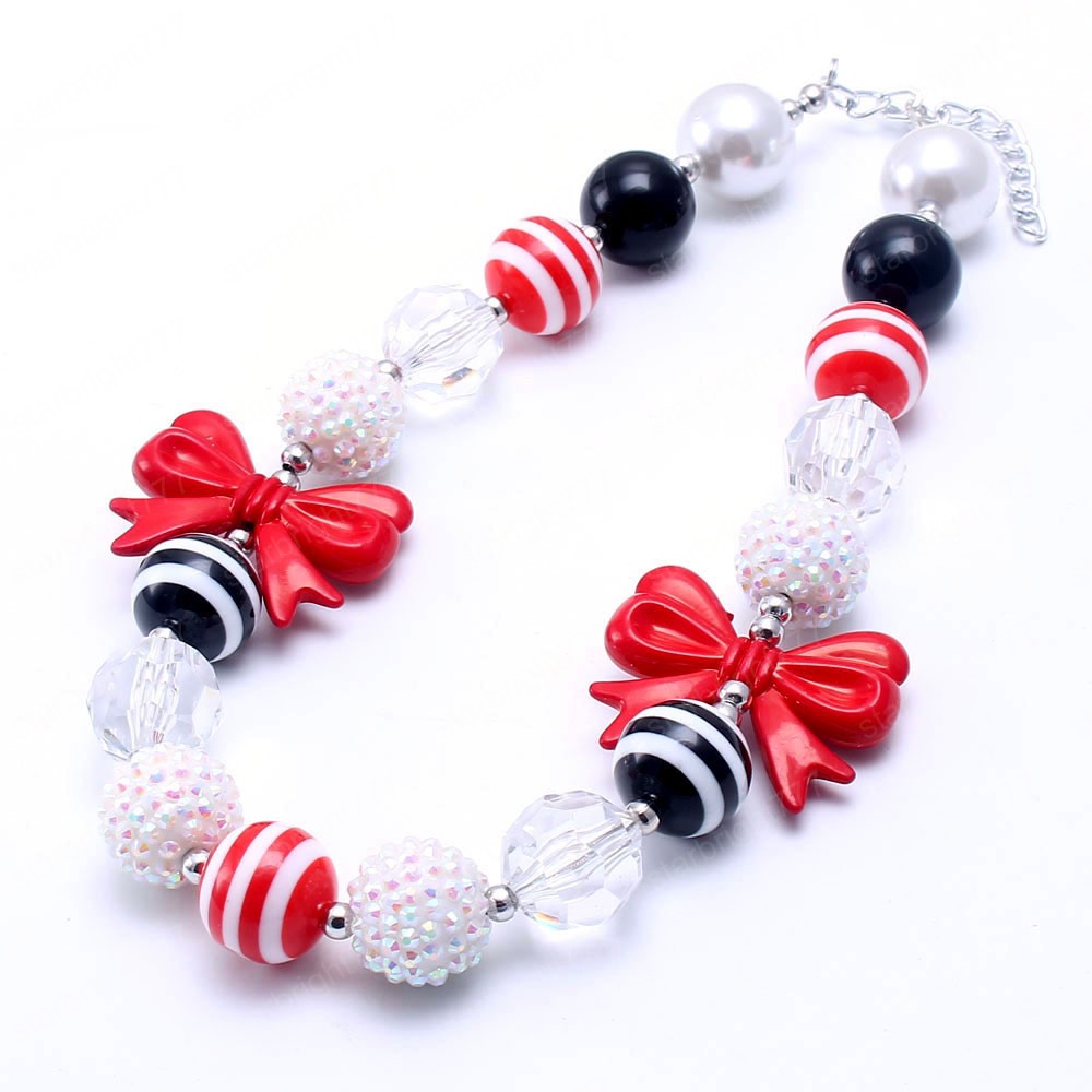 Fashion Red Bowknot Girls Chunky Beads Necklace Baby Child Bubblegum Chunky Necklace Cute Design Beaded Jewelry