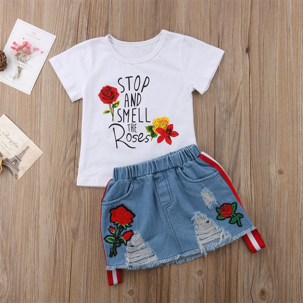 Toddler Kids Baby Girl Clothes Summer Tops Flower Print T-shirt Short Sleeve Denim Skirts 2Pcs Outfits Clothes 1-6Y, White
Toddler Kids Baby Girl Clothes Summer Tops Flower Print T-shirt Short Sleeve Denim Skirts 2Pcs Outfits Clothes 1-6Y, White