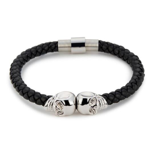 Sell Mens Black Genuine Leather Braided Skull Bracelets Men Women Stainless Steel Gold North Skull Bangle Fashion Jewelry