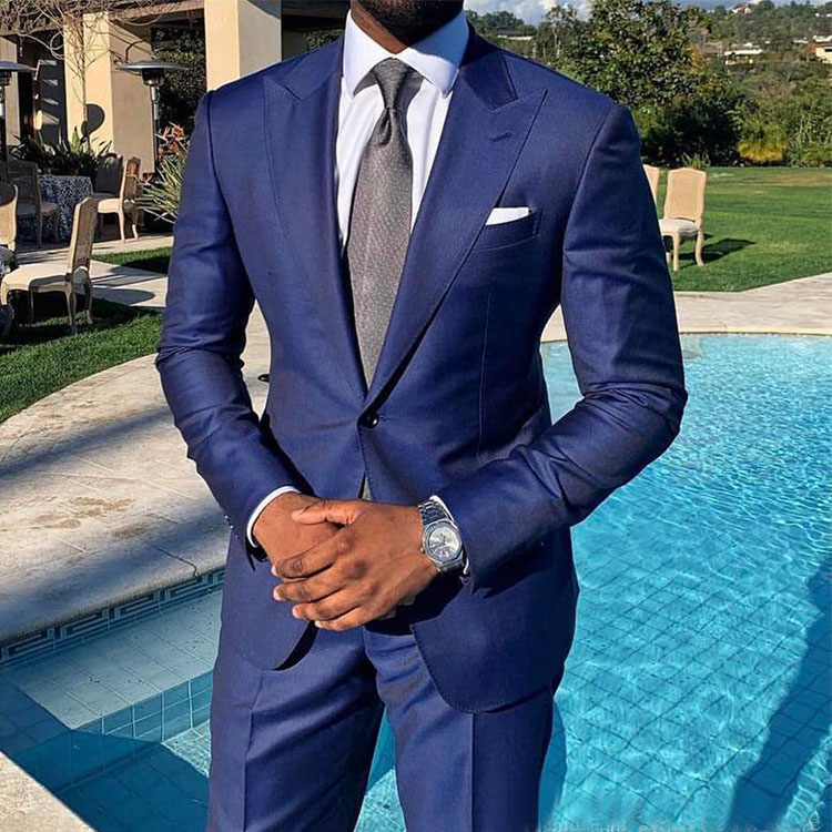 Classic Dark Blue Wedding Tuxedos One Button Slim Fit Peaked Lapel Prom Party Mens Suits Two Piece (Jacket+Pants)