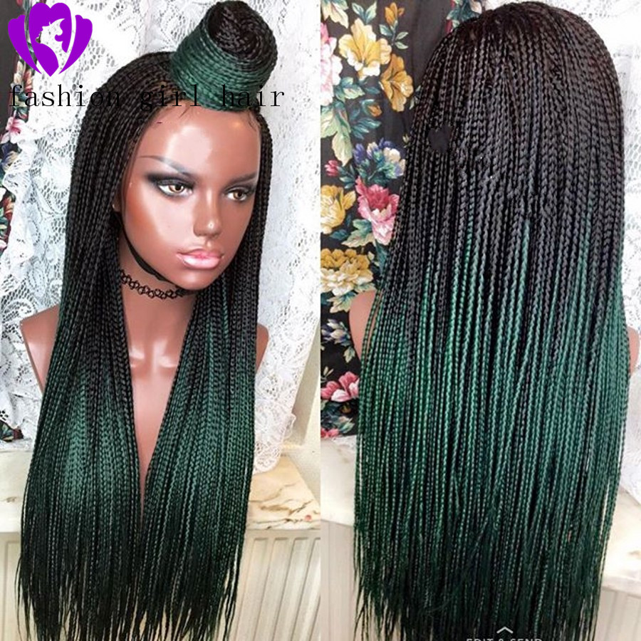 Free shipping Afro America ombre green Box Braided Natural Hairline two Tone Color Long natural Synthetic Lace Front Wigs with baby hair