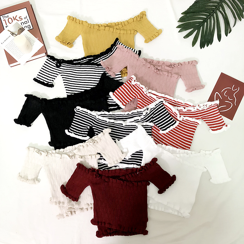 Summer thin wood ear line off shoulder cross elastic stripe short sleeve short fit knitting top high waist t, See chart
Summer thin wood ear line off shoulder cross elastic stripe short sleeve short fit knitting top high waist t, See chart