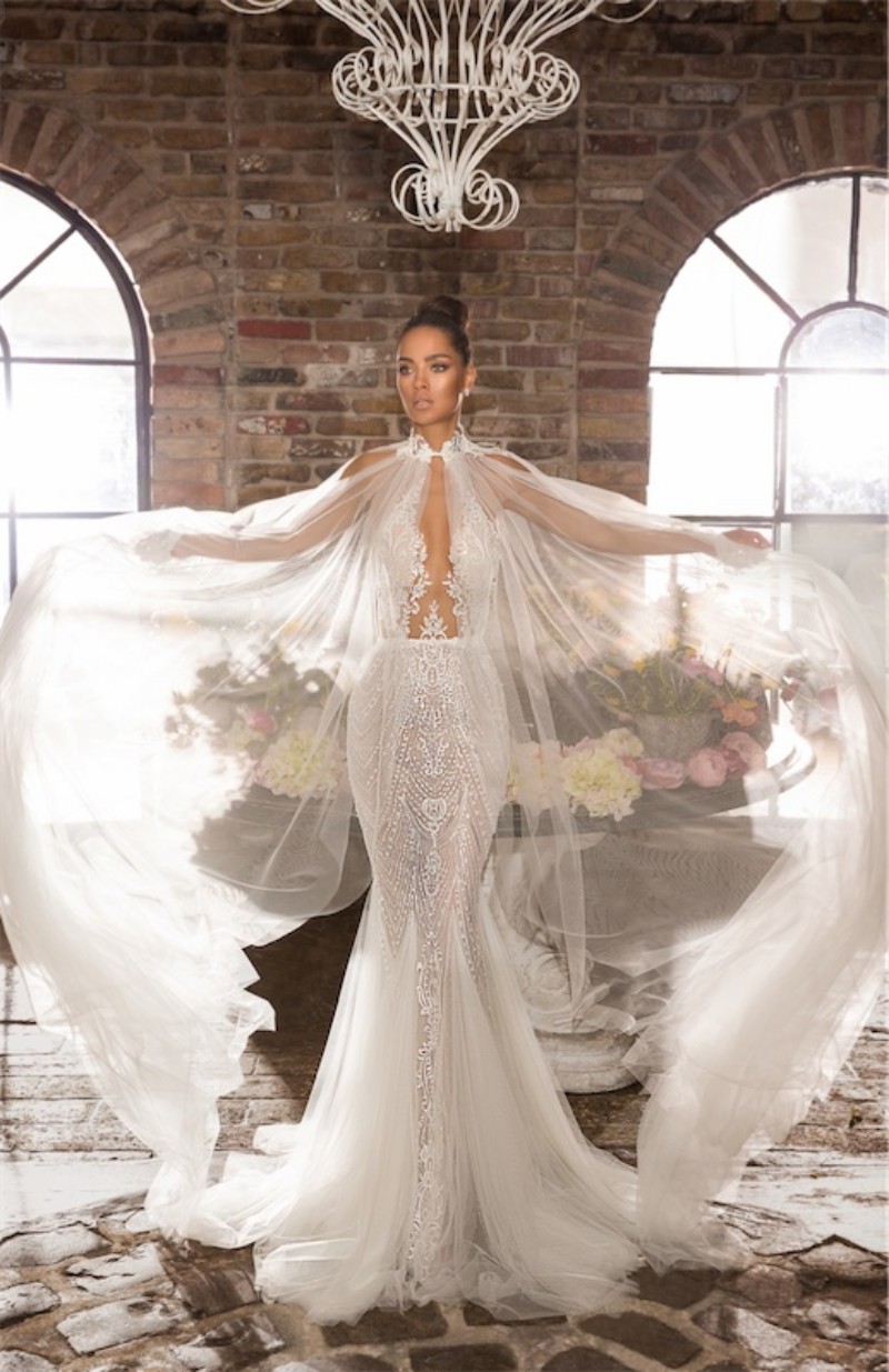 Elihav Sasson 2019 Mermaid Wedding Dresses With Cape Sheer Neck Lace Appliqued Beach Boho Sweep Train Bridal Gowns robe de mariée