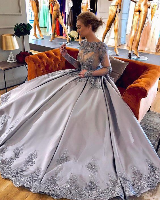 Beaded Lace Lavender Evening Quinceanera Dress Illusion Long Sleeve Prom Dresses Stain Formal Party Gowns Sweet 16 Ball Gown 0510