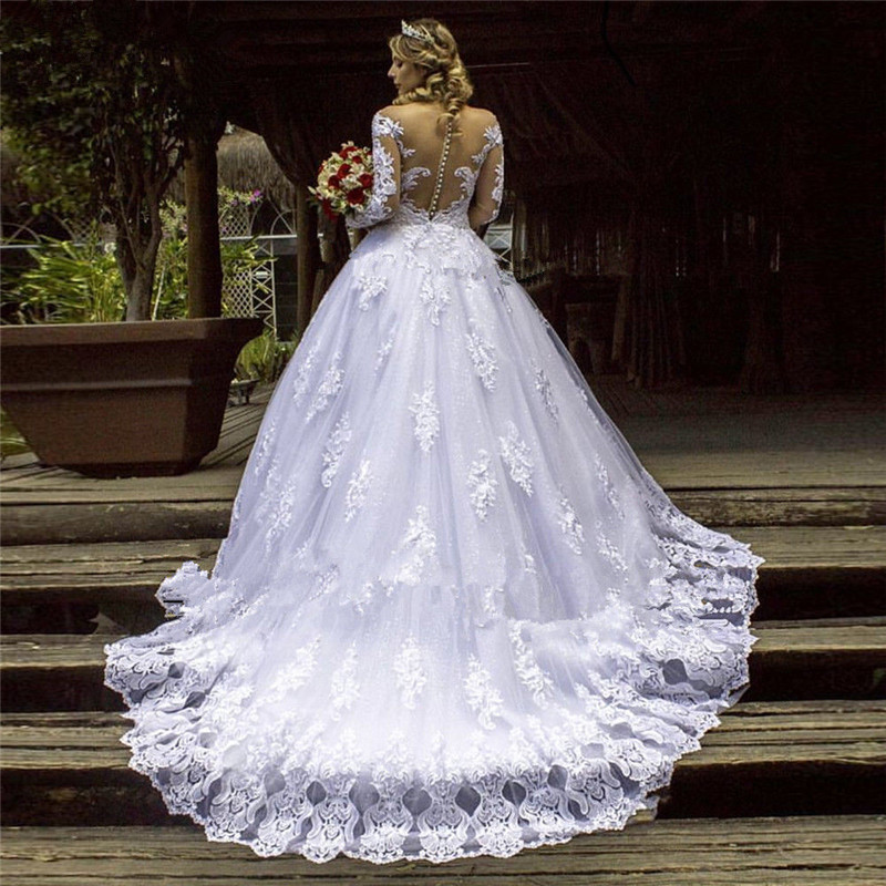Classy Sequined Lace Wedding Dresses Off The Shoulder Neck A Line Long Sleeves Bridal Gowns Sweep Train Tulle robe de mariée