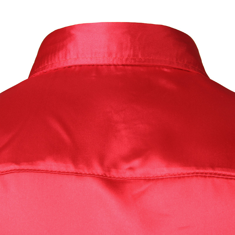 Men's Slim Fit Silk Satin Dress Shirts Wedding Groom Stage Prom Men Long Sleeve Button Down Shirt Male Chemise Homme Red MX200518