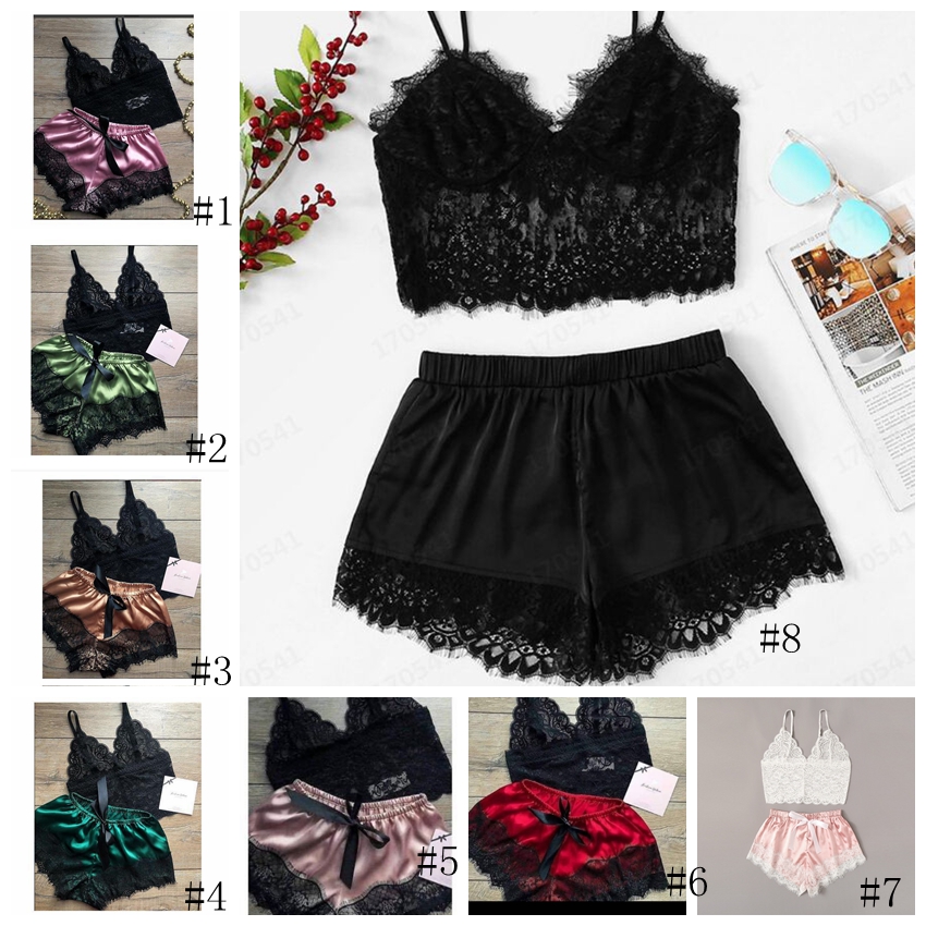 V Neck Solid Sleepwear Summer Women Pajamas Silk Pijamas Sleepwear Lace Short Pants Lingerie Hollowed Underwear Nightdress Set Conjuntos De Camison De