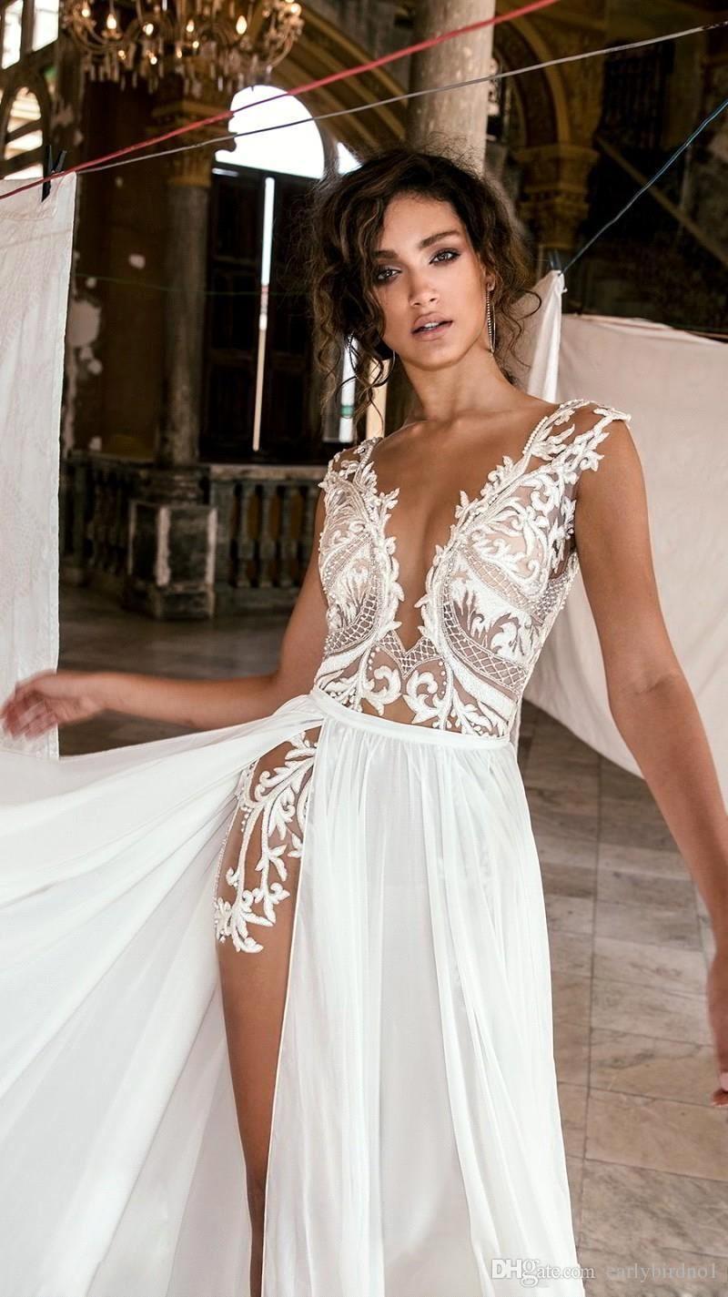 Beach Sexy Amazing Dresses Deep V Neck Side High Slit Lace Appliqued Illusion Bodice Bohomian Wedding Bridal Gowns Vestido De Noiva estido