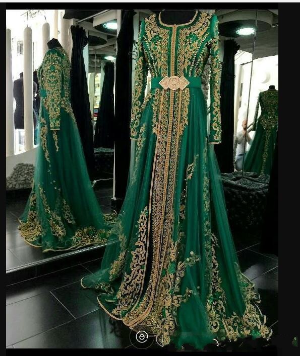 New Emerald Green Muslim Prom Formal Long Sleeves Lace Applique Abaya Dubai Turkish Evening Dresses Wear Party Gowns Moroccan Kaftan