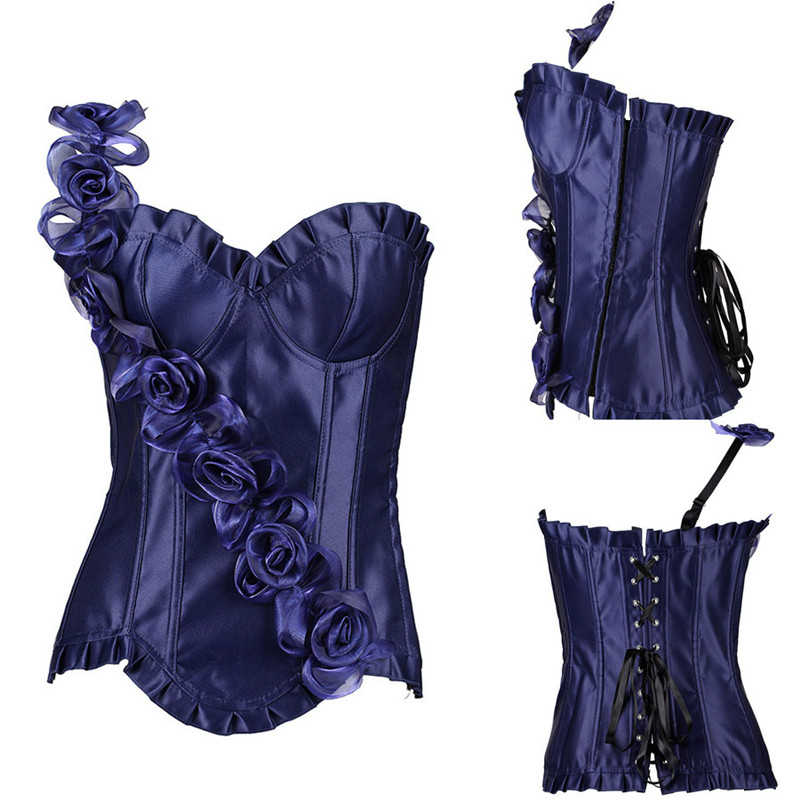 Women Dancing Outfit One Shoulder Rose Flowers Satin Overbust Corset and Black Flocked Hi-lo Skirt S-6XL Plus Size