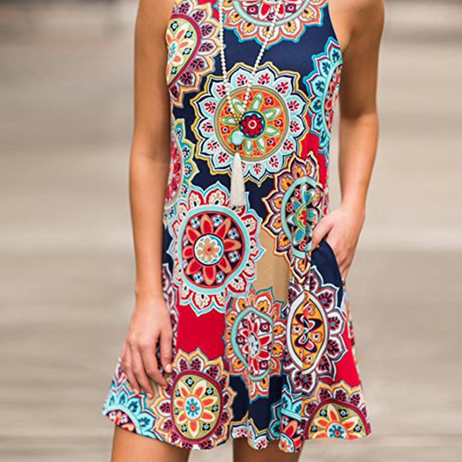 Women Dress A-line Sleeveless Pockets Mini Beach Dresses Plus Size O-neck 2019 New Summer Printed Dress Casual Sundress