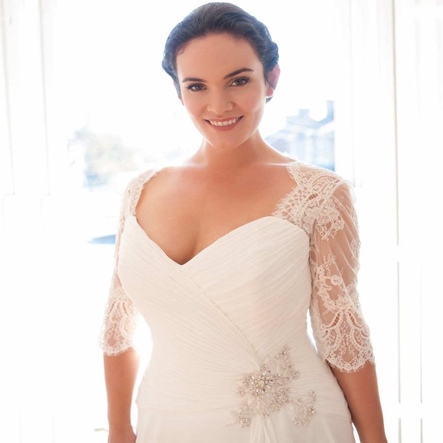 Weilinsha Cheap Plus Size Wedding Dresses v neck Half Sleeves pleated beaded applique Lace Chiffon Bridal Gowns Custom Vestidos De Novia