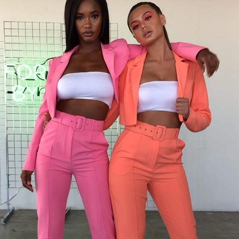 Townlike Casual Women Suits Office Sets Fluorescence Neon Green Crop Top And Pant For Blazer Set