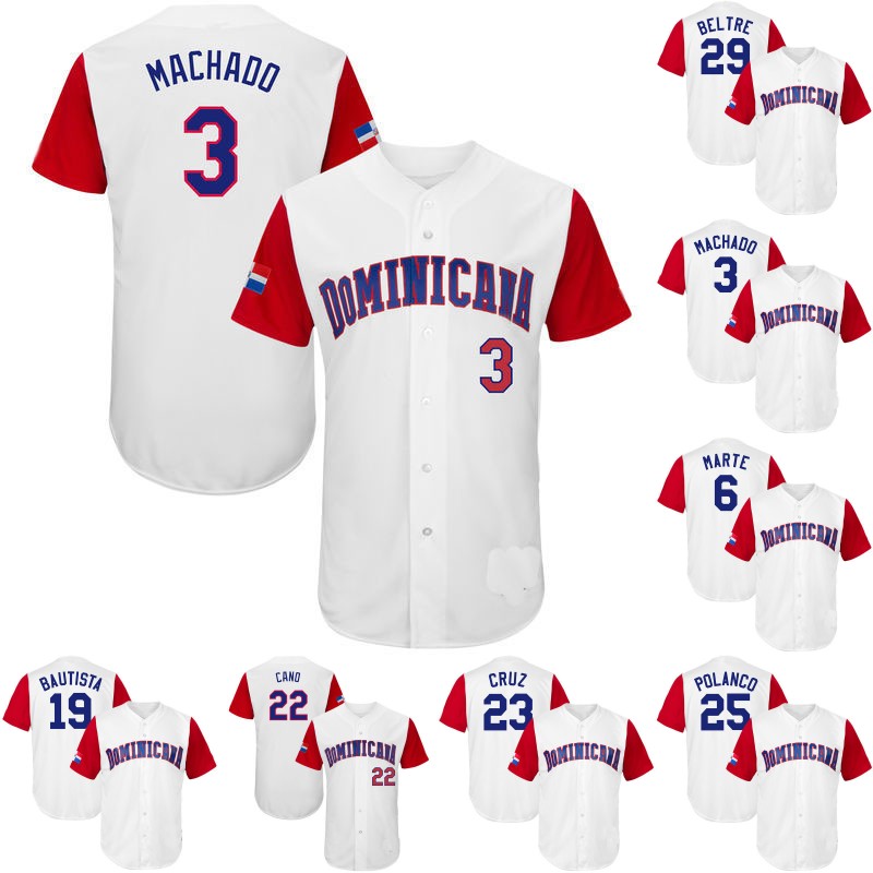 2017 Dominican Republic World Baseball Classic WBC Jersey 3 Manny Machado 6 Starling Marte 19 Jose Bautista 22 Robinson Cano 23 Nelson Cruz, 25 white
2017 Dominican Republic World Baseball Classic WBC Jersey 3 Manny Machado 6 Starling Marte 19 Jose Bautista 22 Robinson Cano 23 Nelson Cruz, 25 white