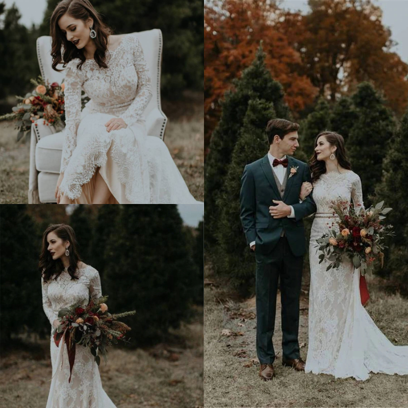 Modest Country Mermaid Lace Wedding Dresses Long Sleeves Sexy Low Backless Bohemian Boho Bridal Gowns Plus Size Sweep Train robe de mariée
