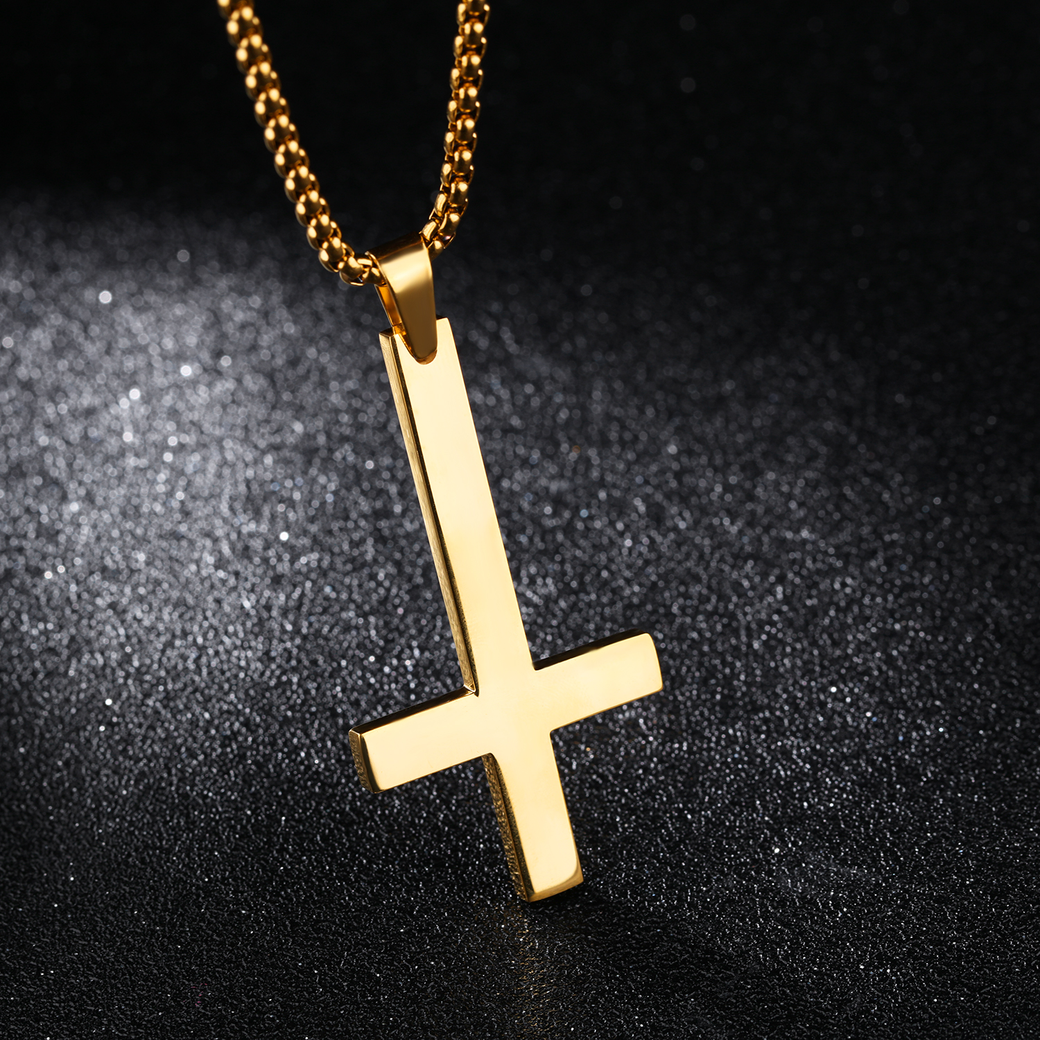 Glossy Upside Down Cross Pendant Necklace 18K Gold Plated Necklace Stainless Steel Religious Jewelry Gold/Silver/Black
