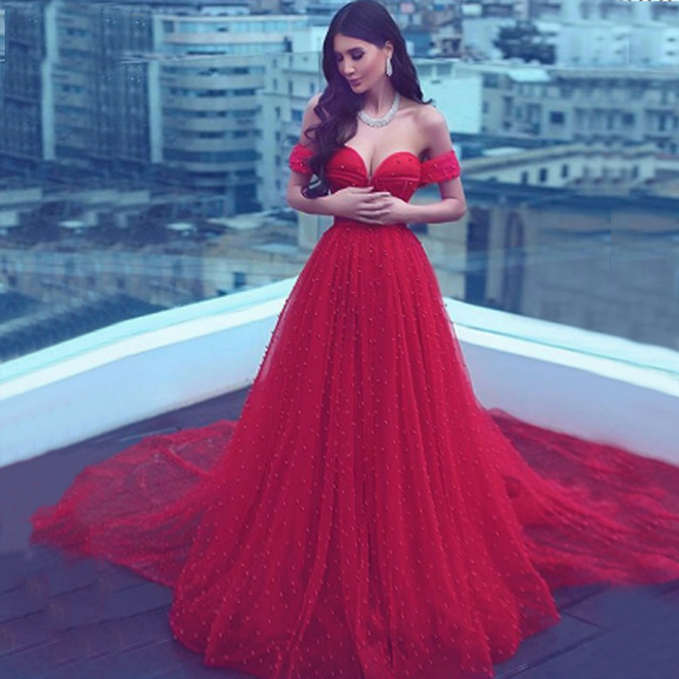 Charming Pearls Red Evening Dresses Long Off Shoulder Evening Gowns Lace-Up Elegant Formal Evening Dress Cheap Prom Dress