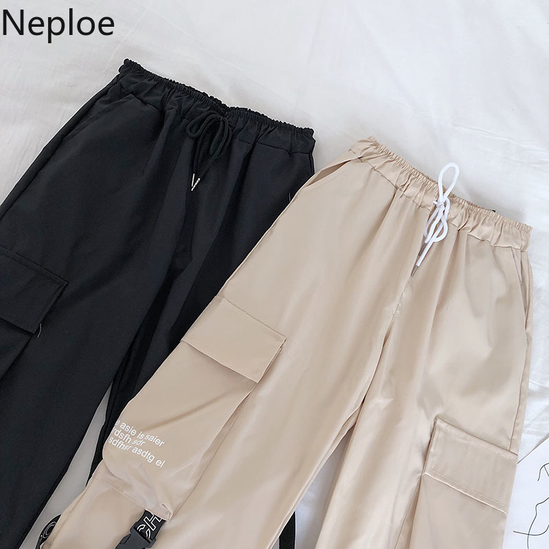 Neploe Hip Hop Streetwear Women Cargo Pants High Waist Pockets Ribbon Trousers Female Loose All Match 2019 New Fashion 90230