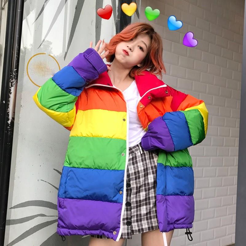 New 2019 Women Winter Jackets Rainbow Striped Cotton Padded Coats Warm Pockets Harajuku Thick Parkas, As picture
New 2019 Women Winter Jackets Rainbow Striped Cotton Padded Coats Warm Pockets Harajuku Thick Parkas, As picture