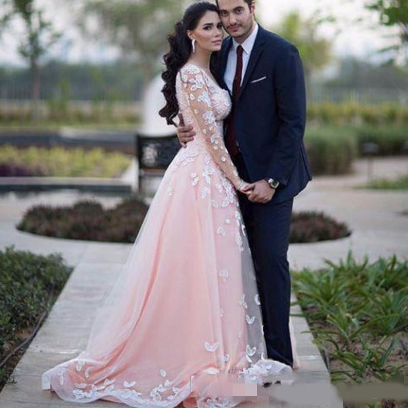 Blush Pink Wedding Dresses Long Illusion Sleeves Lace Applique Sweep Train Tulle Organza Chapel Wedding Bridal Gown vestido de novia