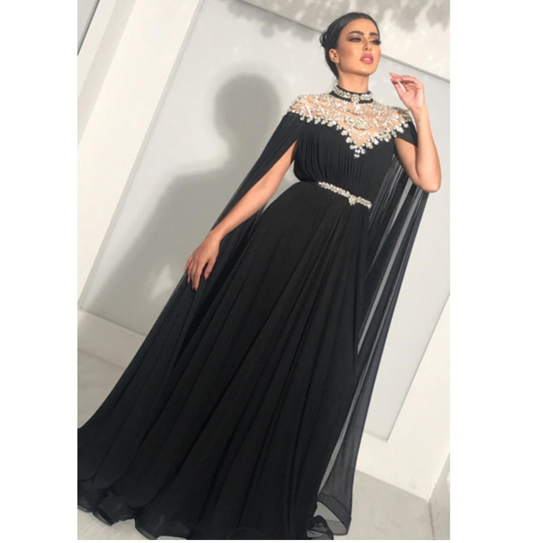 2022 Luxury Moroccan Arabic Dubai Crystals Prom Dresses Chiffon Formal Evening Party Gowns A Line Cape Sleeves High Neck Beaded Women Black Special Oc