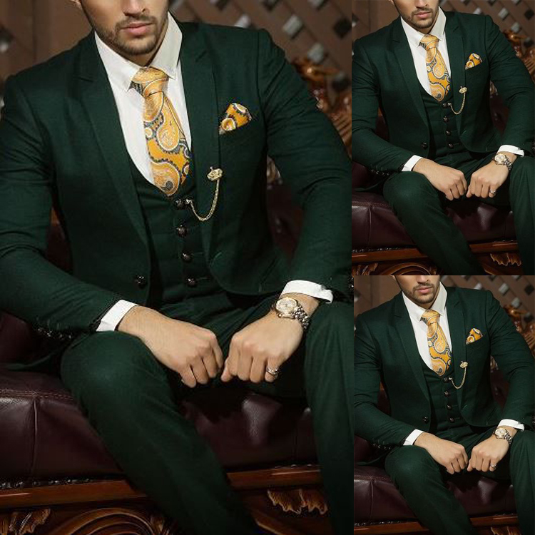 Fashion Hunter Green Wedding Tuxedos Notch Lapel Slim Fit Groom Wear Blazer Formal Best Men Suits (Jacket+Vest+Pants)