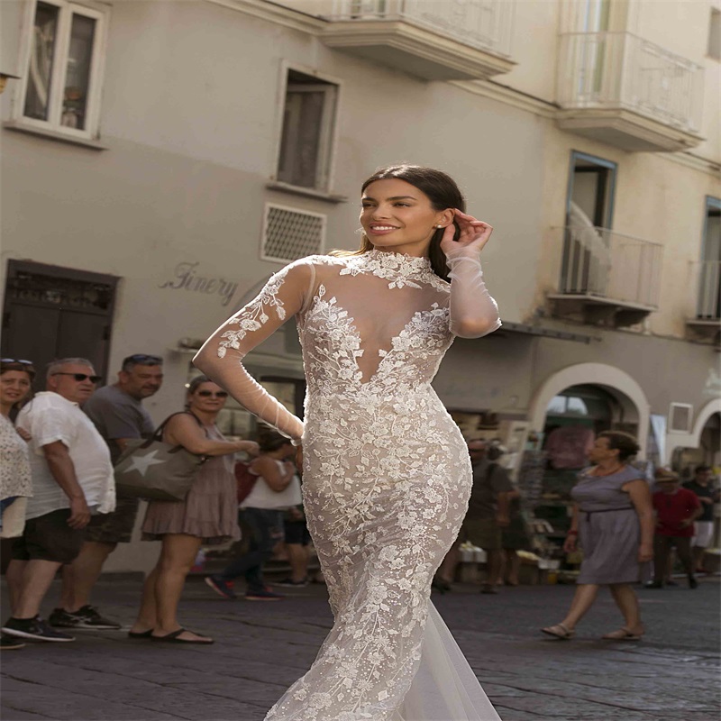 Sexy Illusion Mermaid Wedding Dresses High-neck Long Sleeve Beaded Appliqued LaceBridal Gown Backless Custom Made Hot Sale Bridal Dress