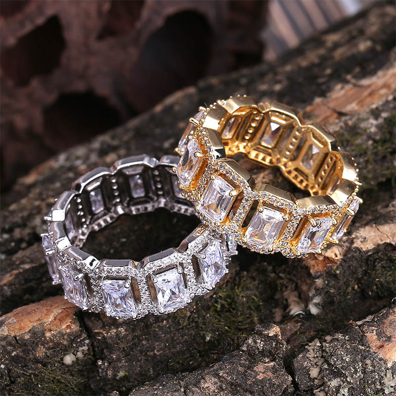New in Hip Hop Chain Rings Fashion Charm Square AAA Cubic Zirconia Tennis 1 Row CZ Bling Sparkly 14k Gold Finger Ring Mens Rapper Jewellery for Men Wo